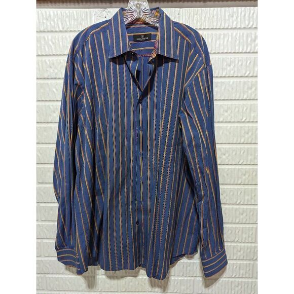 Bugatchi Men's Blue & Yellow Striped Long Sleeve Button Down Shirt Size 2XL - Picture 1 of 9